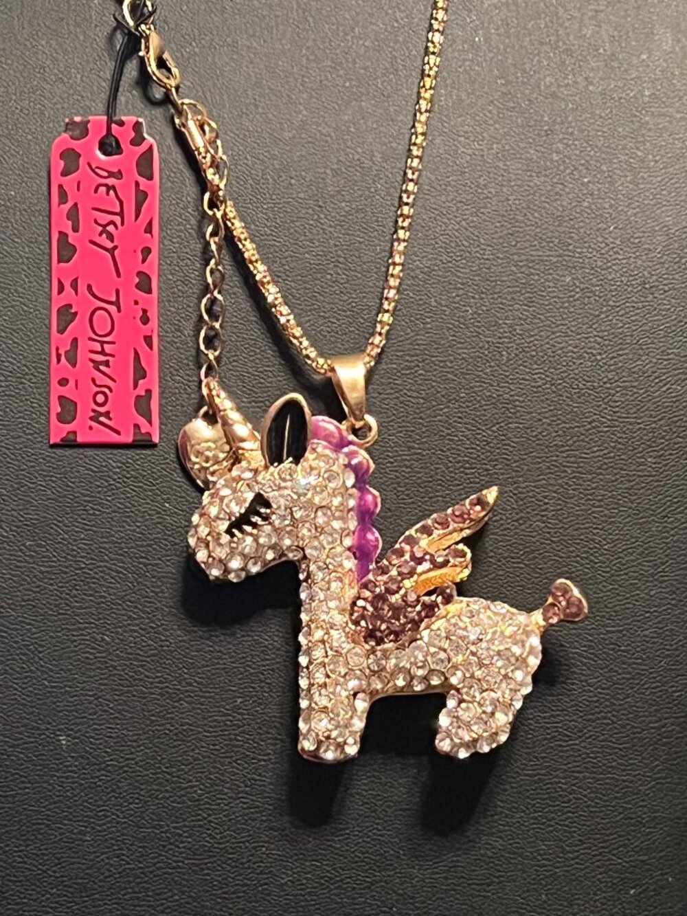 Betsey Johnson Goldtone Jeweled Alicorn Pendant Necklace (M003)